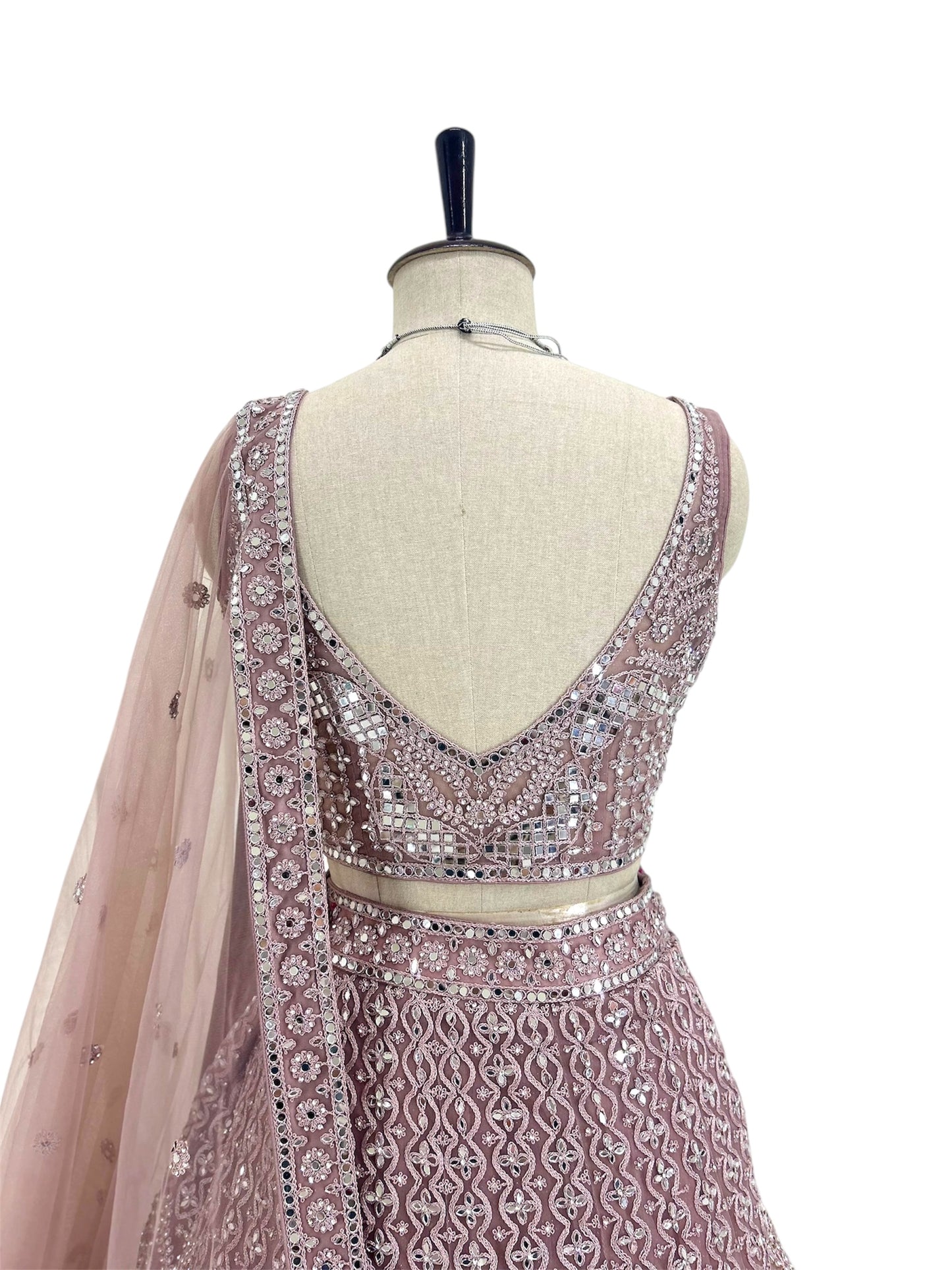 Onion Pink Mirror Work Lehenga Set