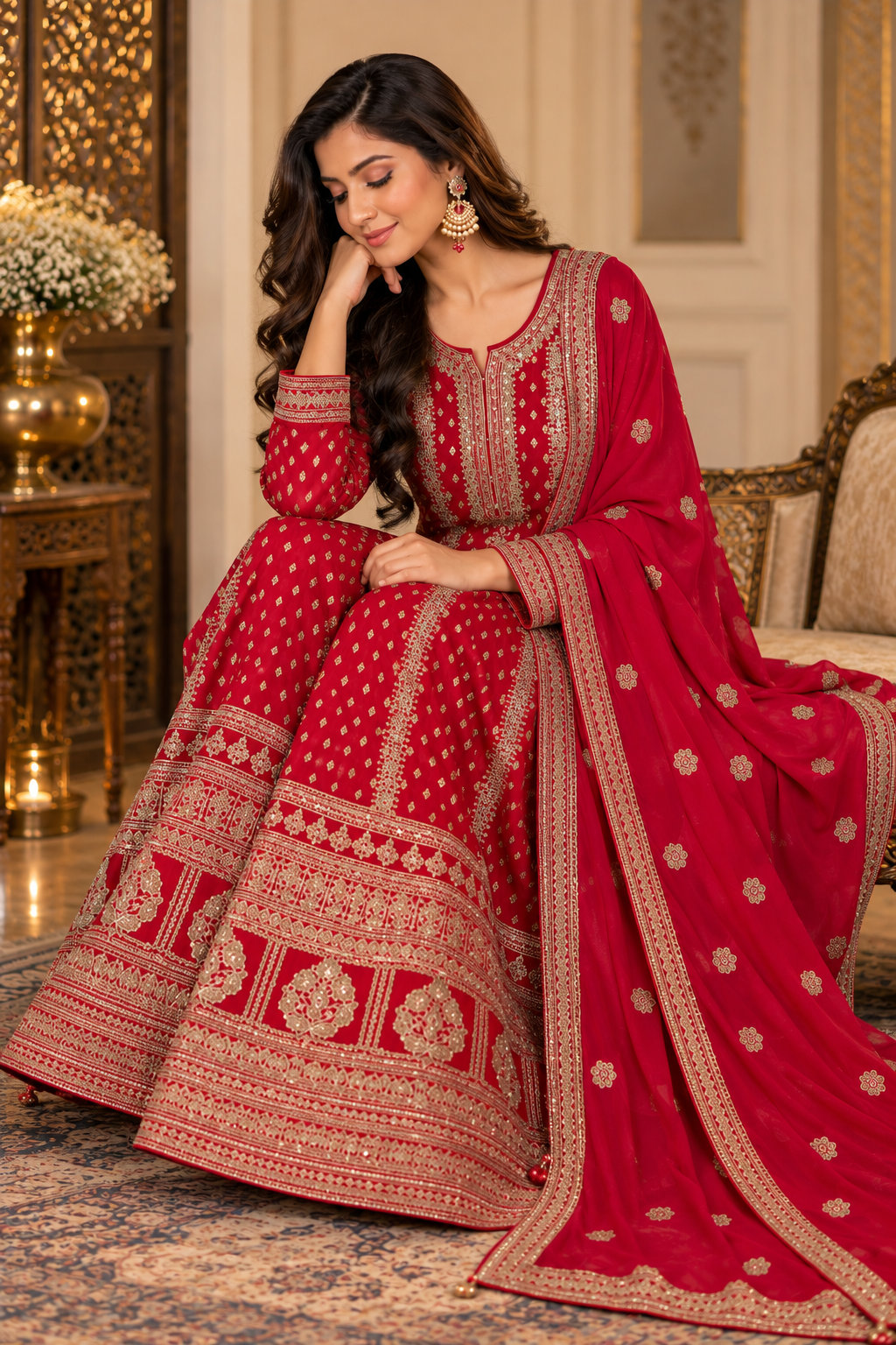 Crimson Red Embroidered Anarkali with Dupatta