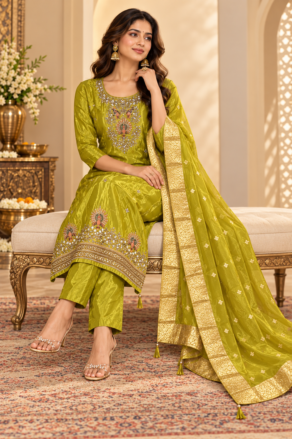 Olive Green Embroidered Suit Set