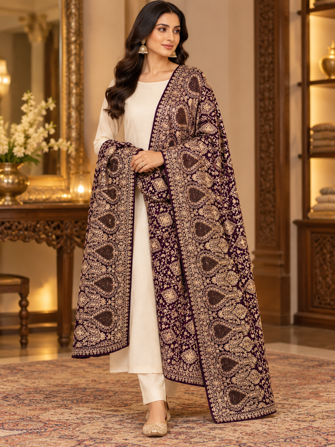Deep Plum Paisley Swarovski Work Velvet Shawl