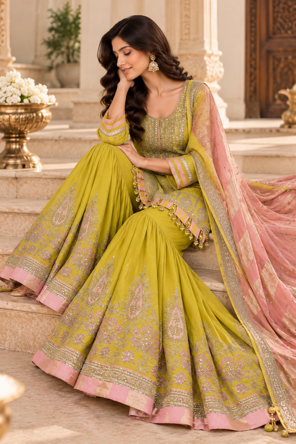 Lime Green Embroidered Sharara Set with Pink Dupatta