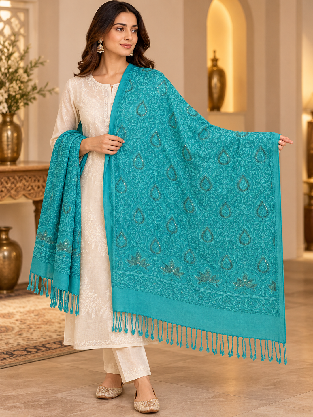 Turquoise Paisley Swarovski Work Pure Wool Shawl