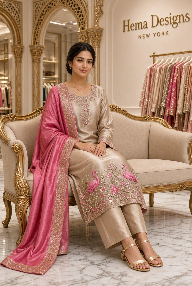 Taupe Embroidered Kurta Set with Pink Dupatta