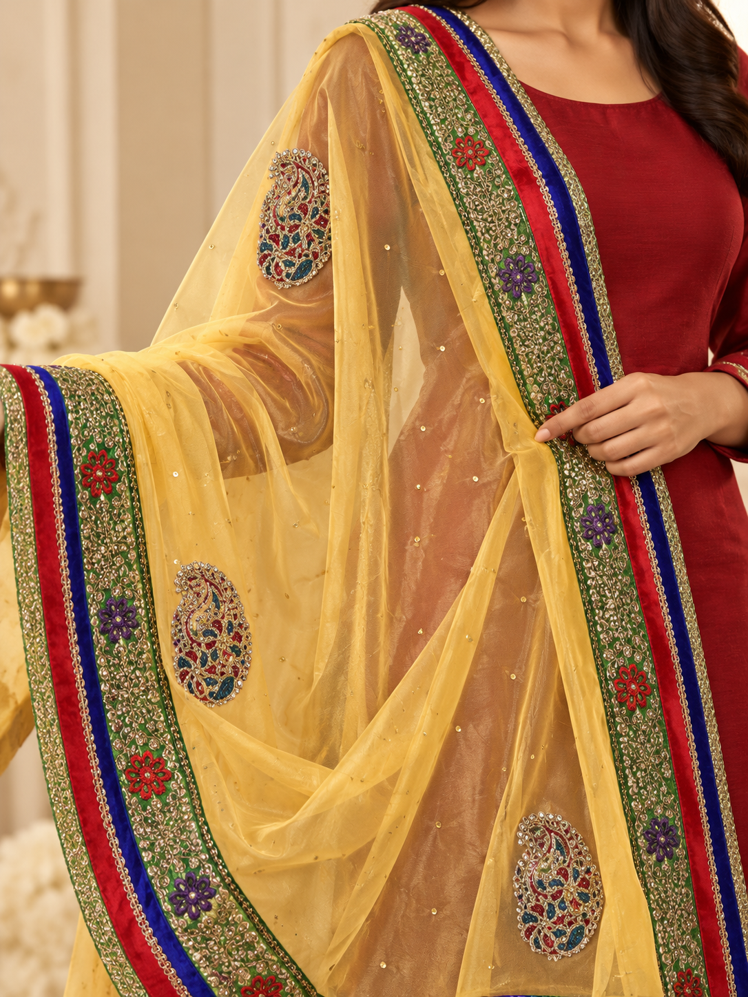Mustard Yellow Embroidered Dupatta