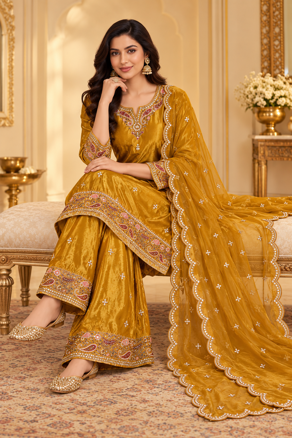 Mustard Gold Embroidered Sharara Set