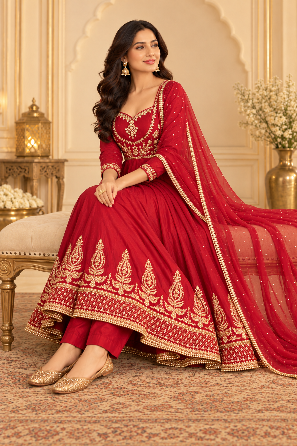 Red Embroidered Anarkali Suit Set