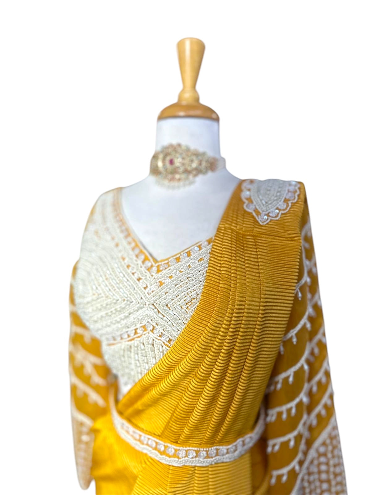 Designer Ready To Wear Yellow Saree Paired With Motif Work Blouse