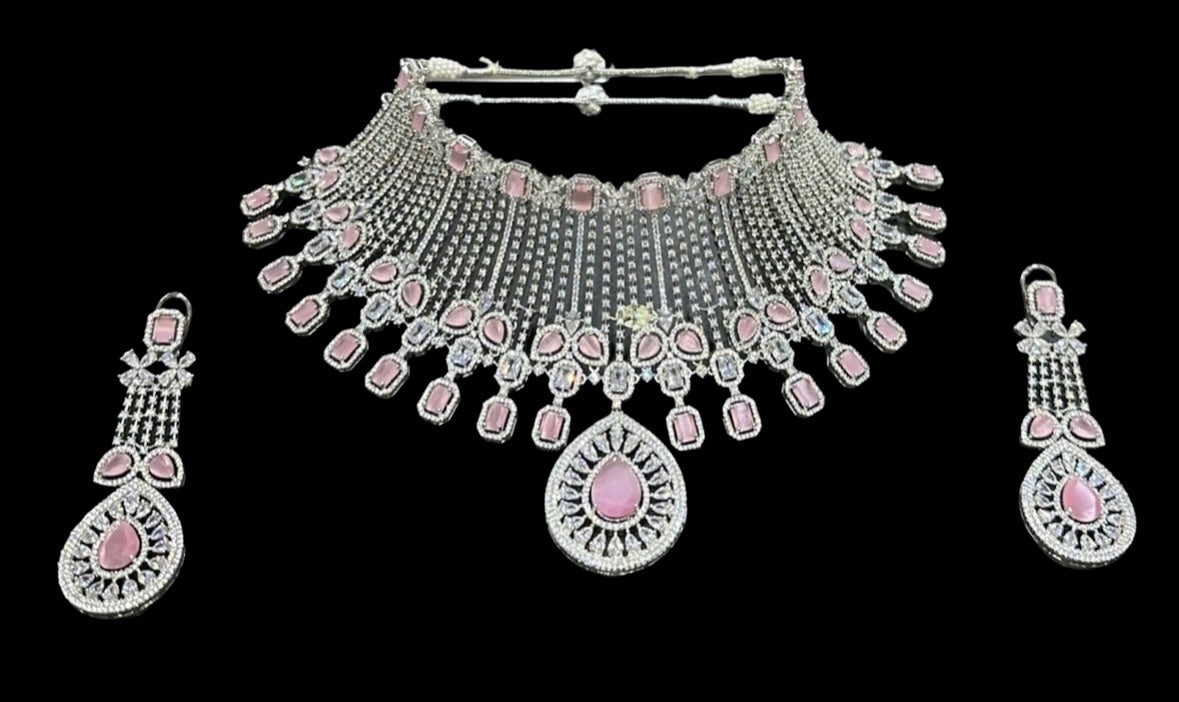 Elegant Pink Stone Choker Necklace Set