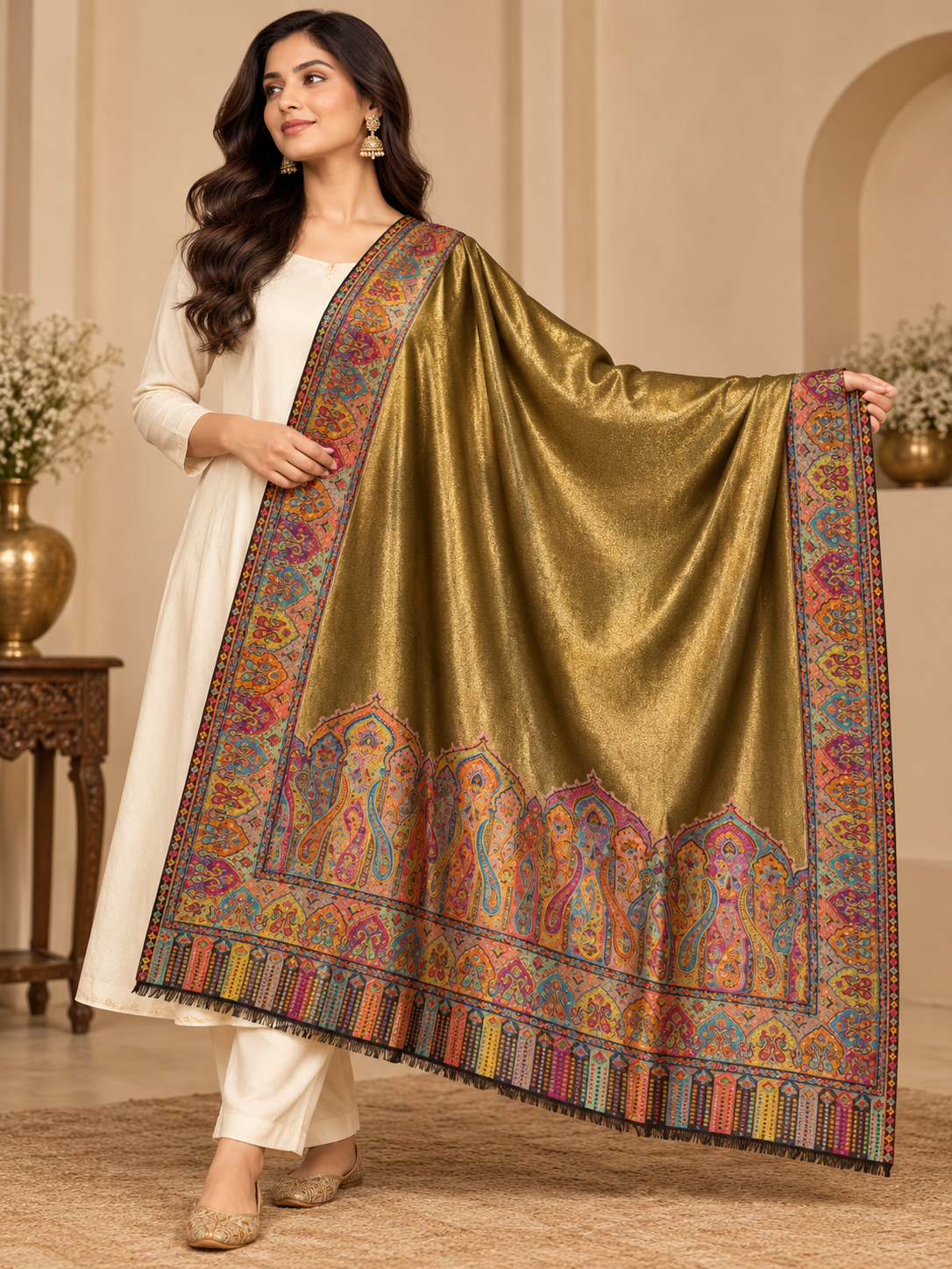 Antique Gold Shawl with Multicolor Palace Border