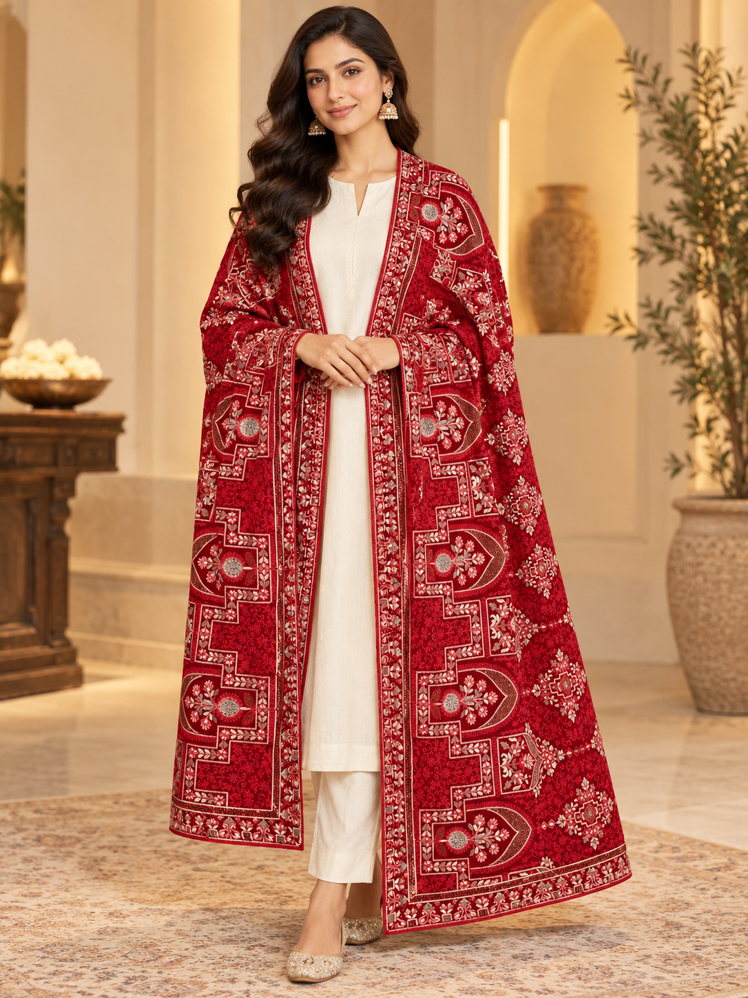 Deep Red Swarovski Work Shawl