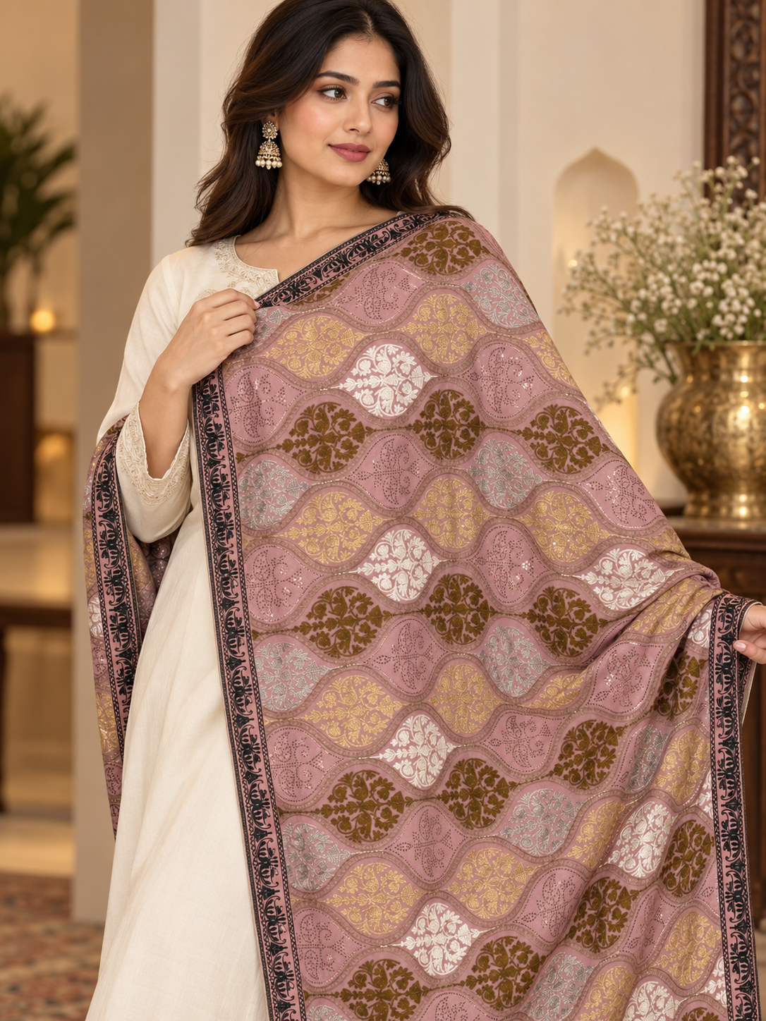 Dusty Rose Wavy Floral Swarovski Work Velvet Shawl with Contrast Border