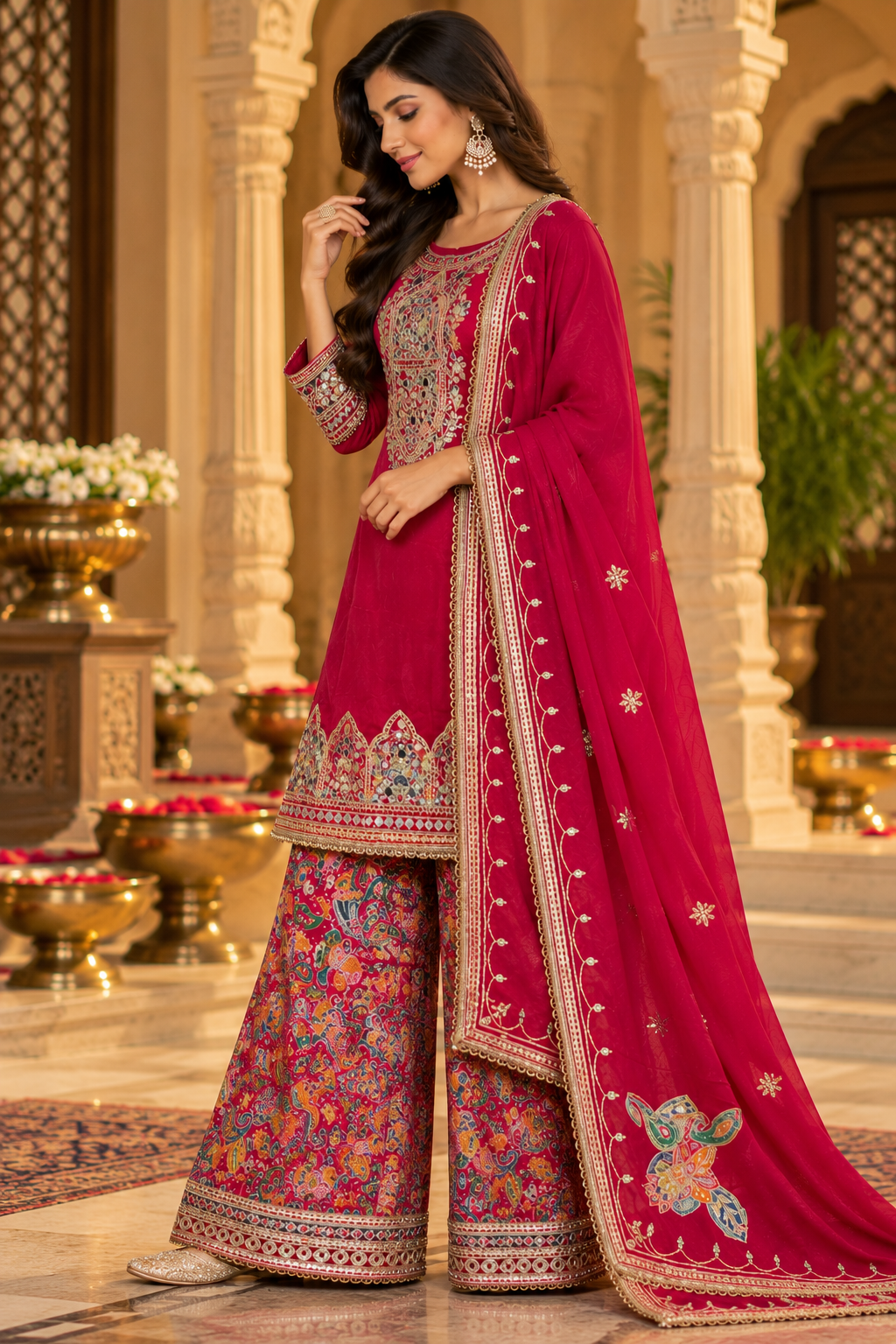 Magenta Embroidered Kurta Palazzo Set