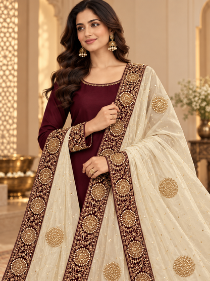 Ivory & Maroon Gold-Embroidered Dupatta