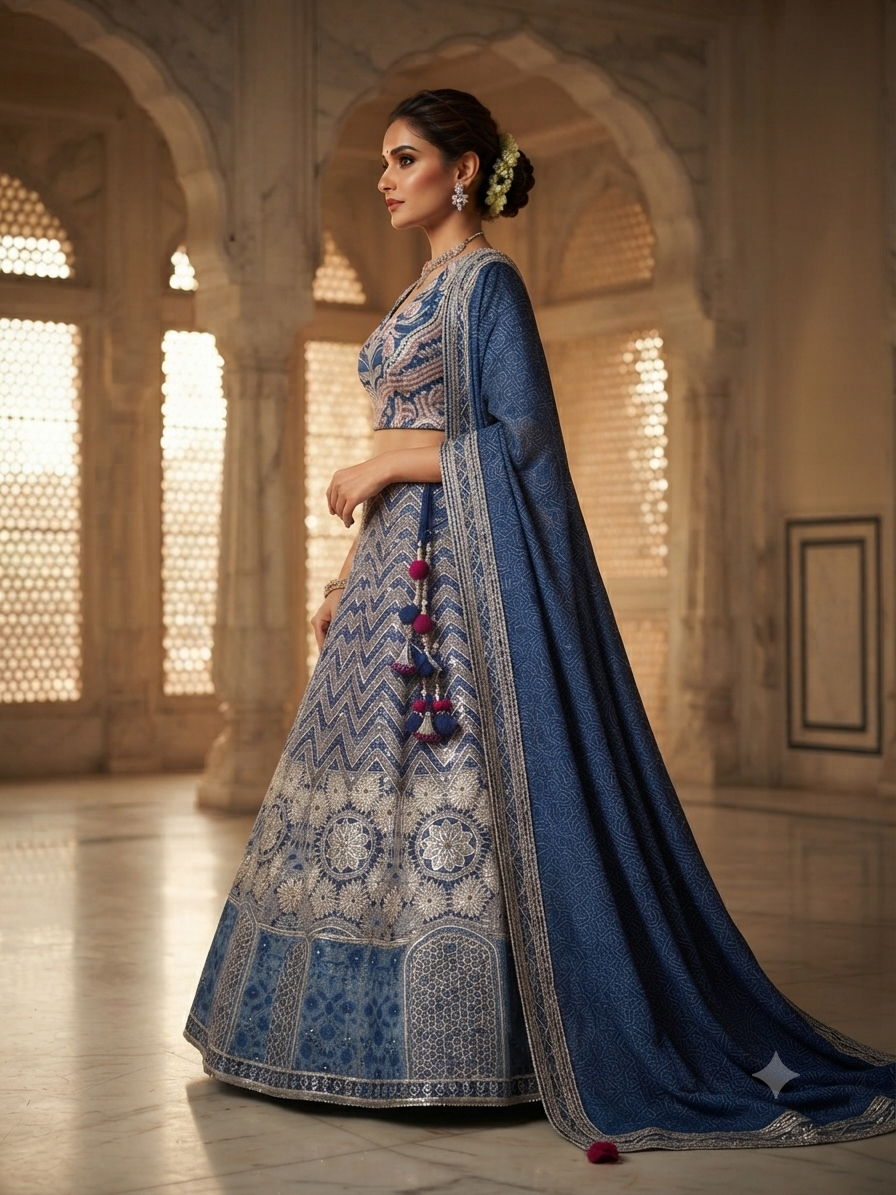 Midnight Mirror Work Blue Lehenga Set