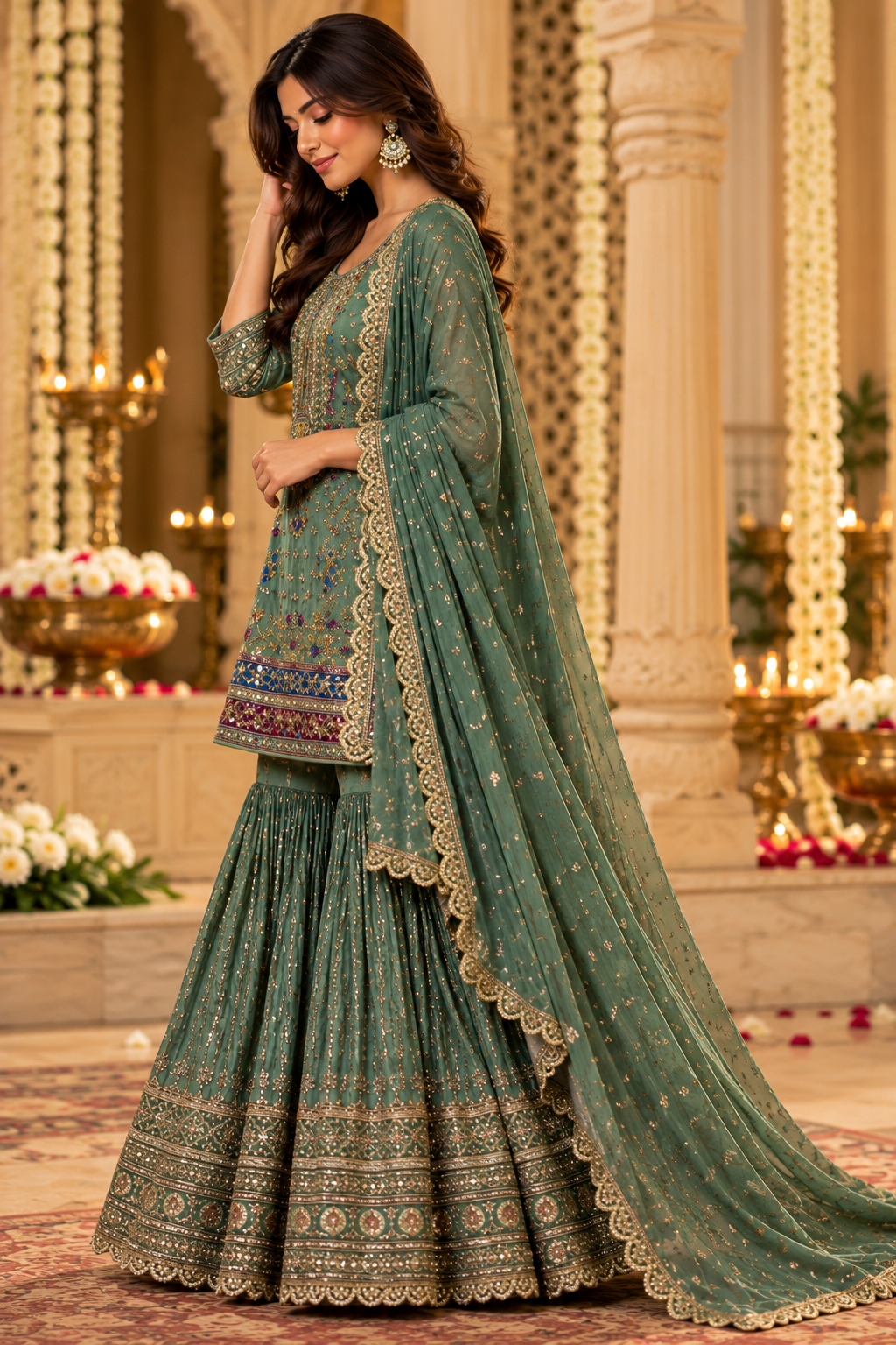 Sage Green Embroidered Sharara Set with Dupatta