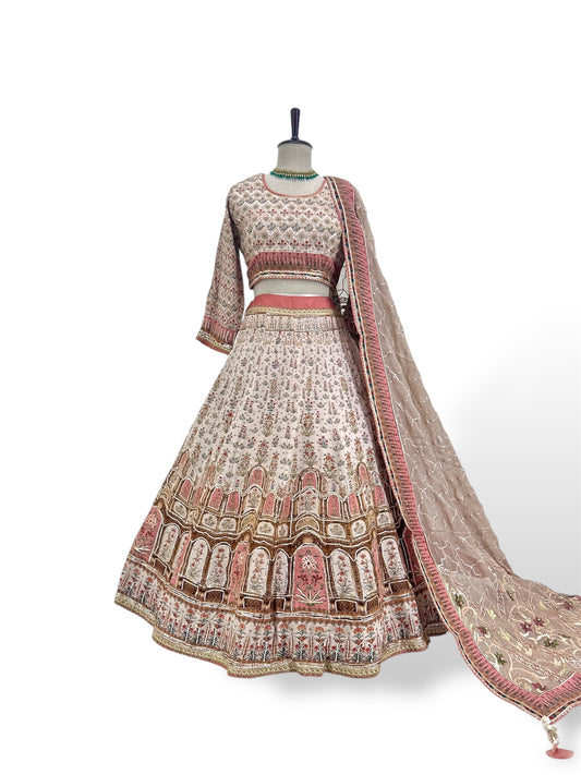 Beige Floral Embroidery Lehenga Set