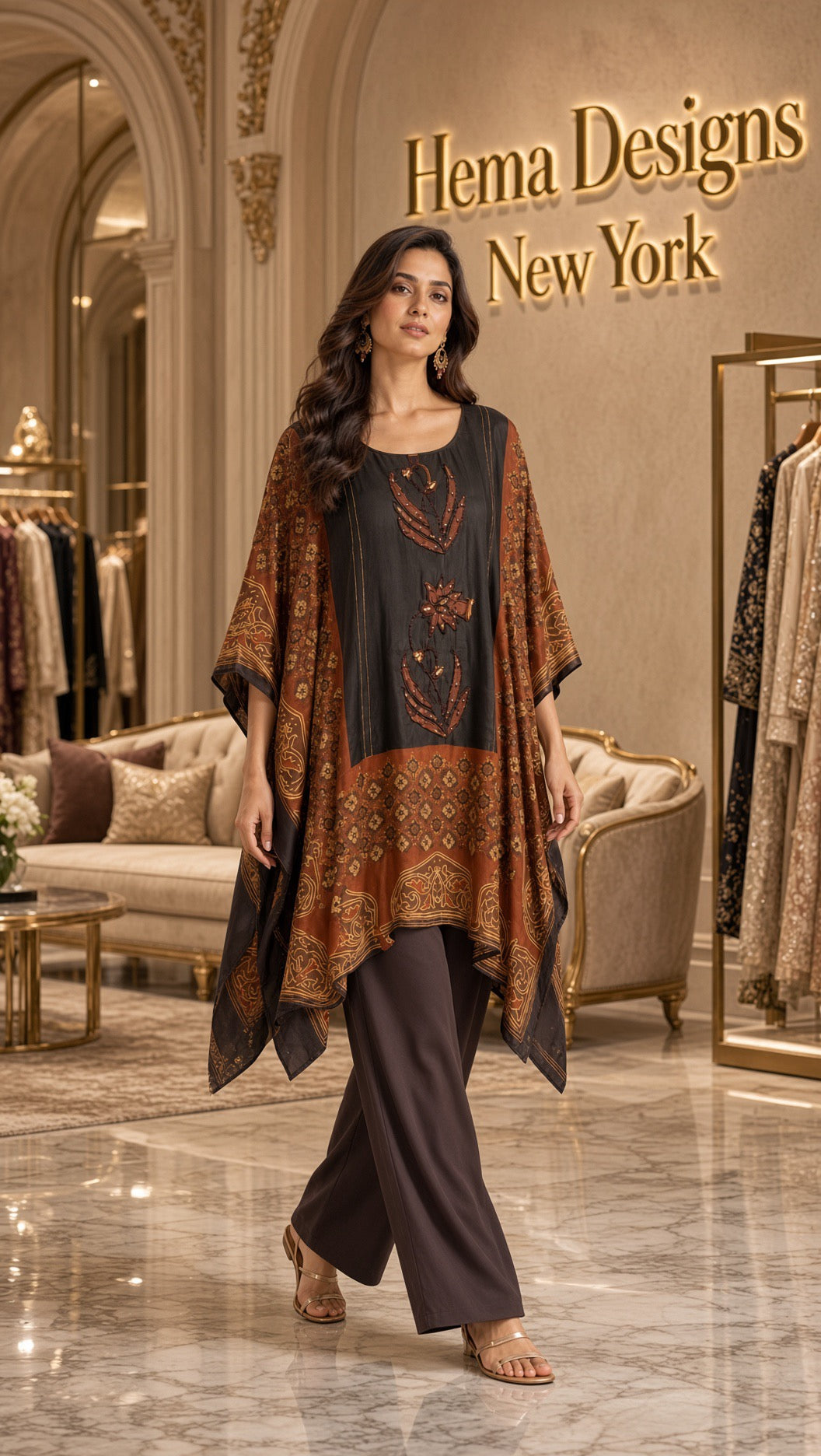 Elegant Black & Rust Asymmetric Kaftan with Palazzo Pants