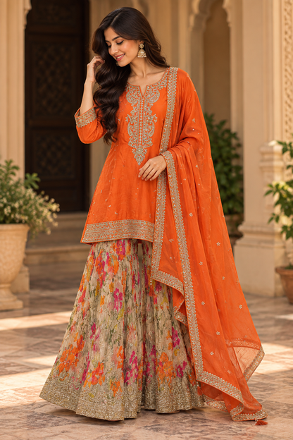 Orange Embroidered Sharara Set