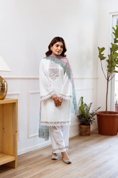 White Kurta Set Paired With Pastel Dupatta