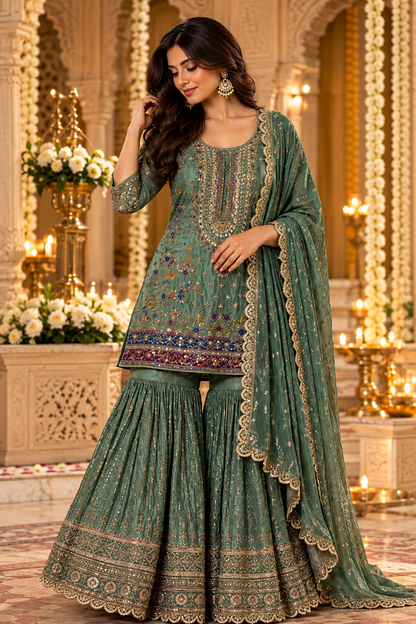 Sage Green Embroidered Sharara Set with Dupatta