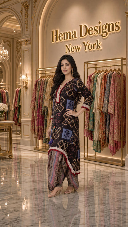 Black Printed Dhoti Kurta Set with Tassels