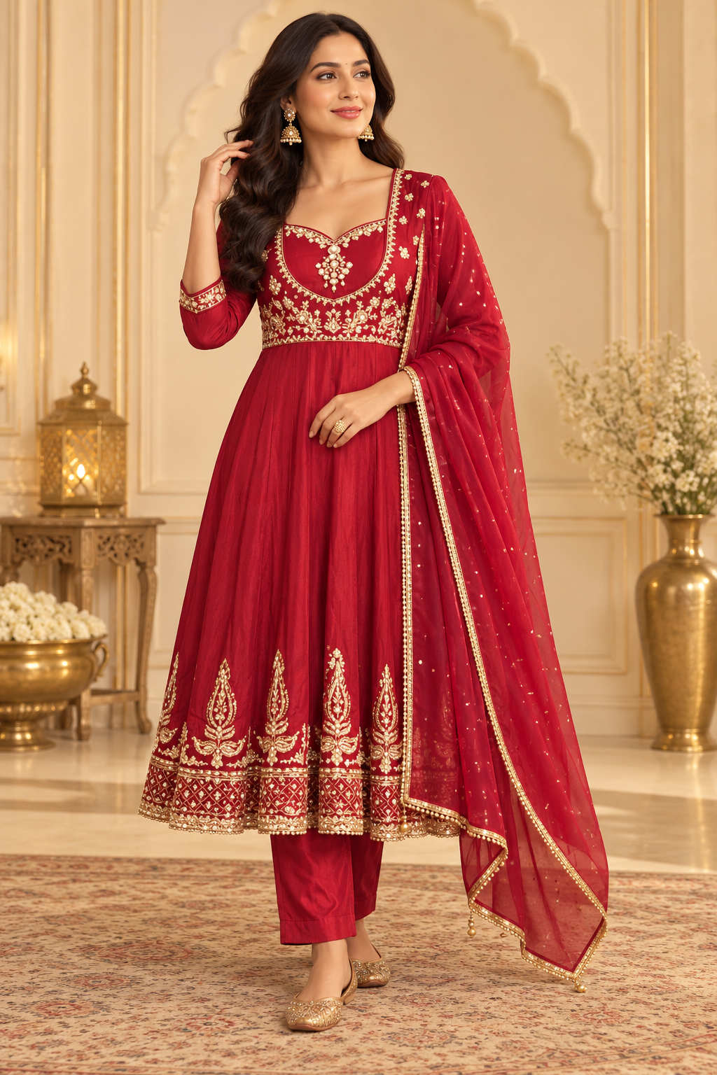 Red Embroidered Anarkali Suit Set