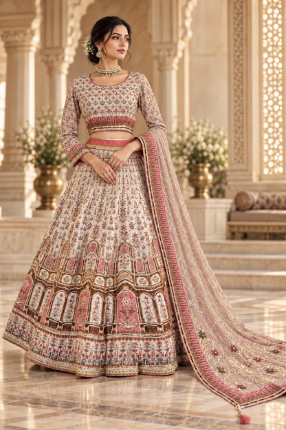 Beige Floral Embroidery Lehenga Set
