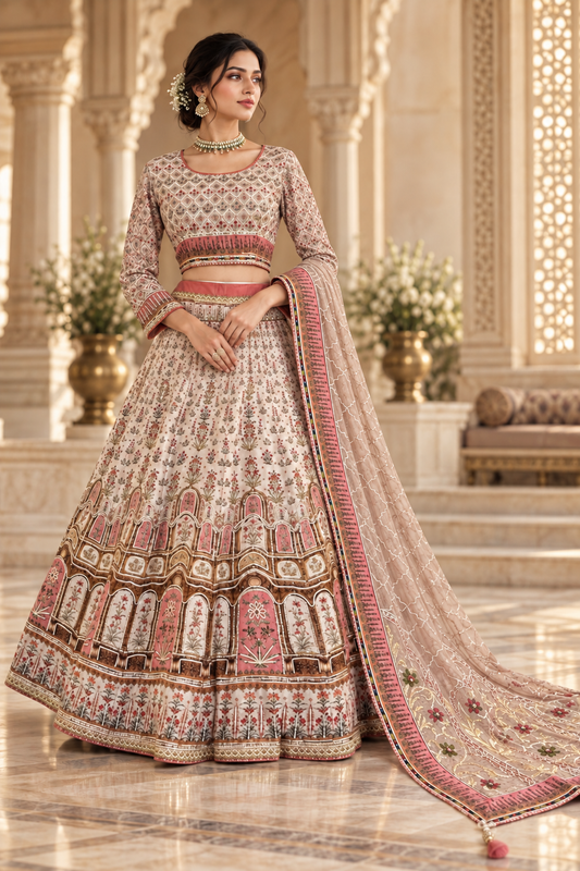 Beige Floral Embroidery Lehenga Set
