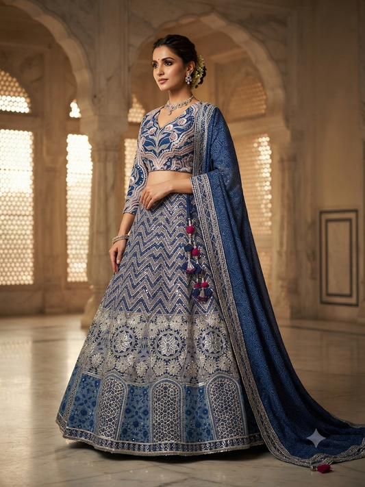 Midnight Mirror Work Blue Lehenga Set