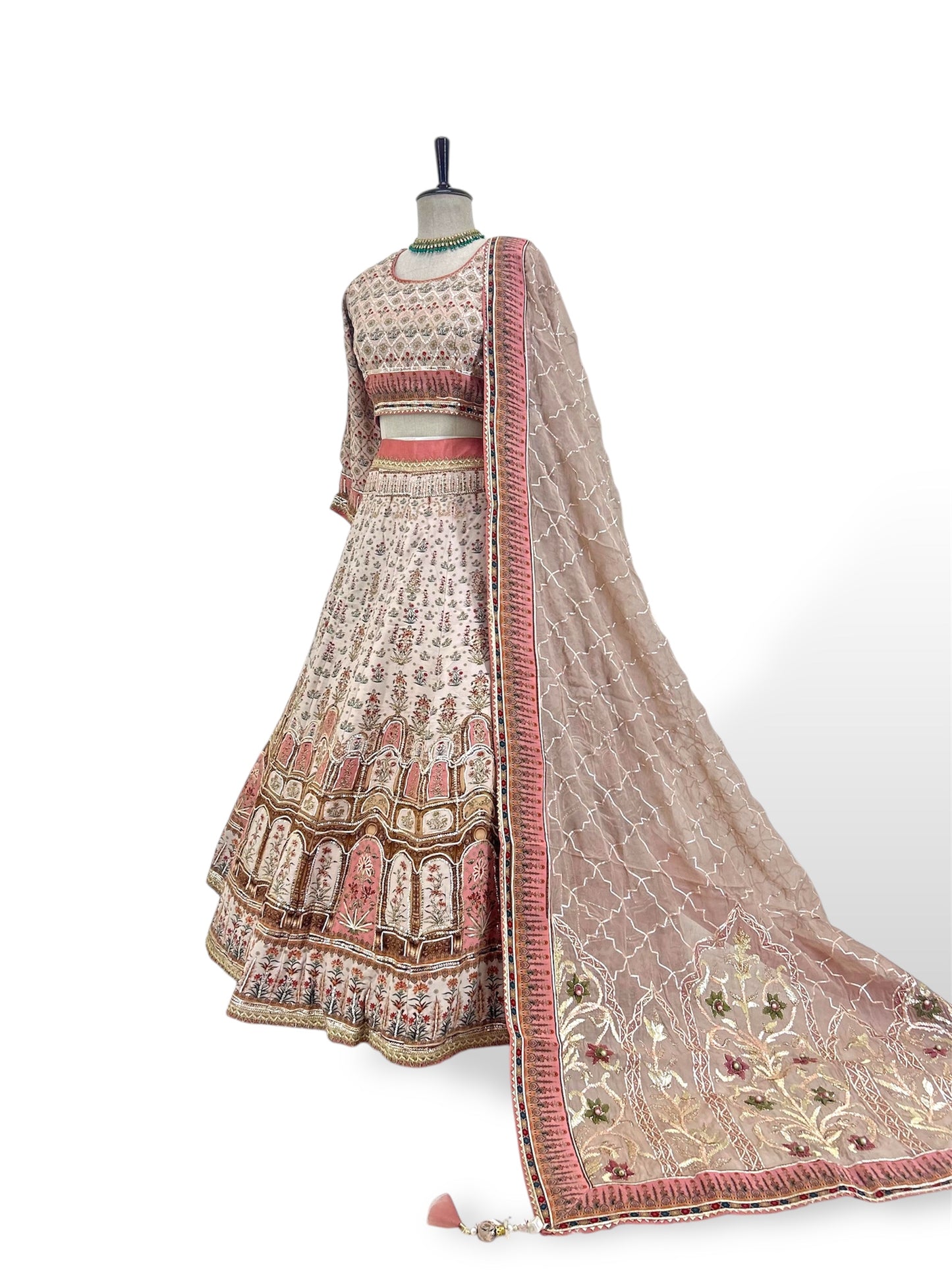 Beige Floral Embroidery Lehenga Set