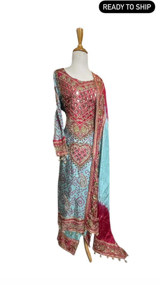 Resham Work Printed Kurta Set Paired with Ombré Dupatta