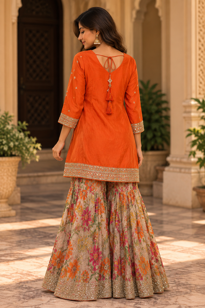 Orange Embroidered Sharara Set