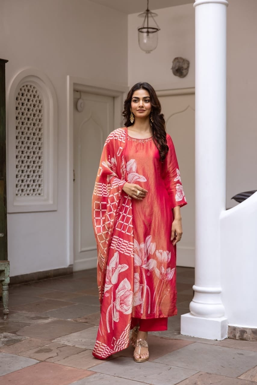 Orange Floral Kurta Set