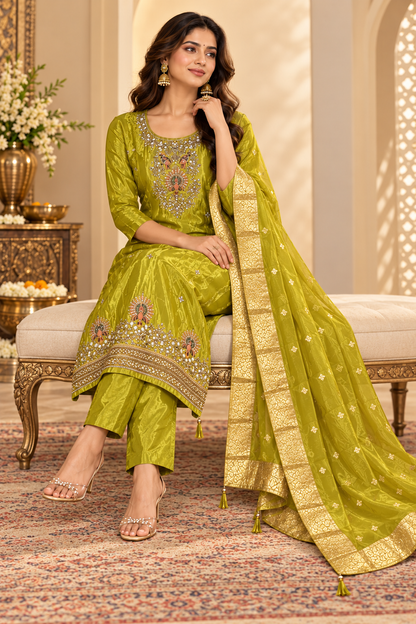 Olive Green Embroidered Suit Set