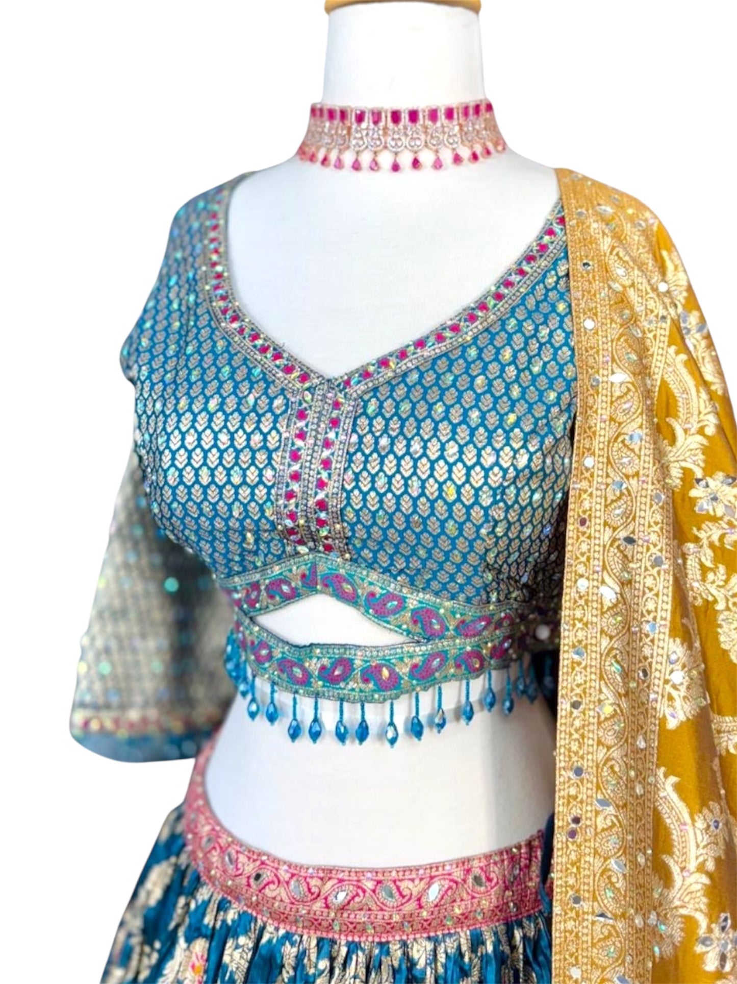 Blue & Mustard Floral Printed Lehenga Set with embroidered Blouse and Dupatta