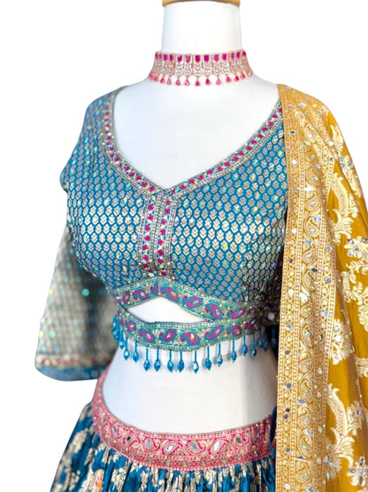 Blue & Mustard Floral Printed Lehenga Set with embroidered Blouse and Dupatta