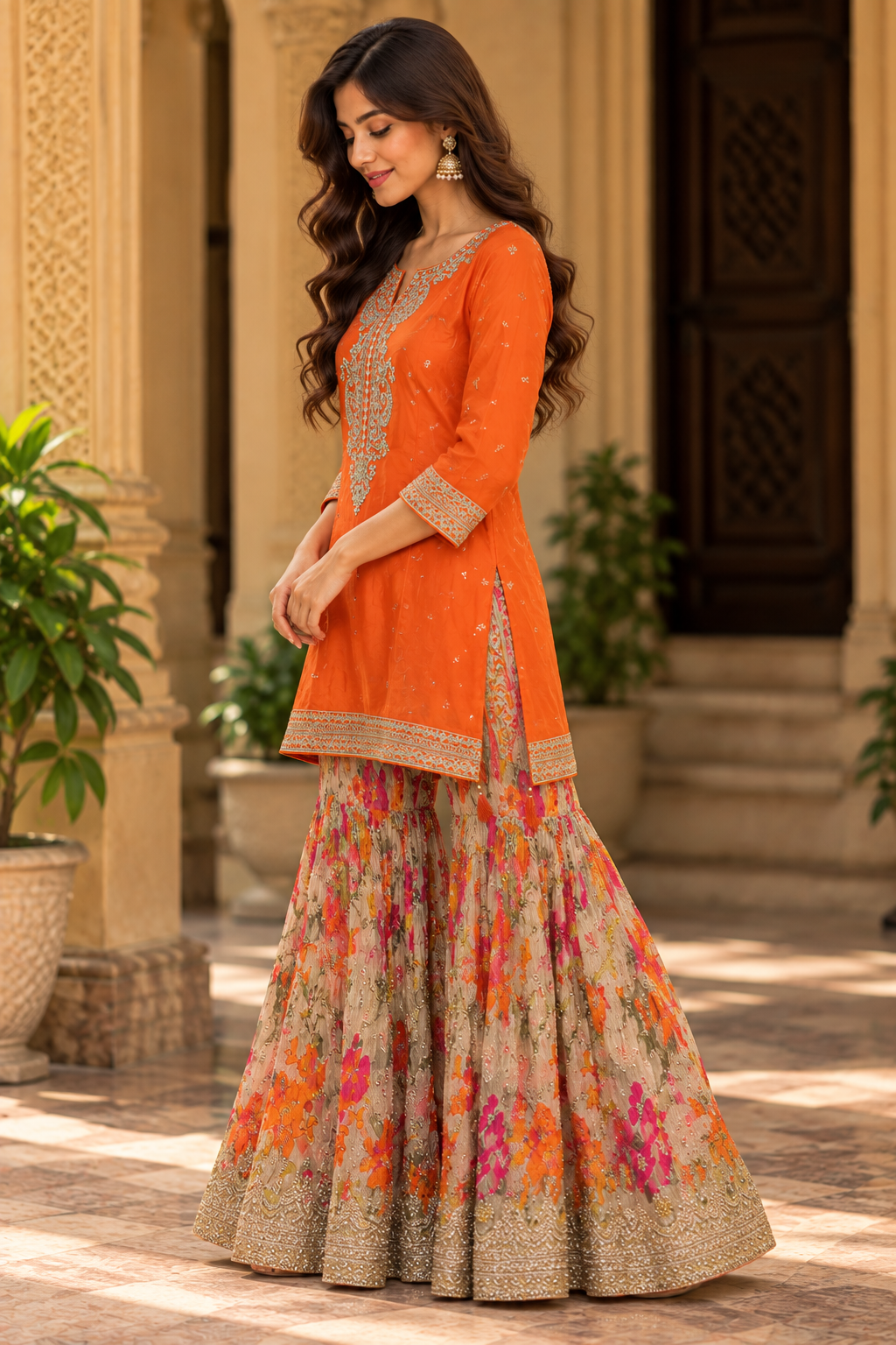 Orange Embroidered Sharara Set