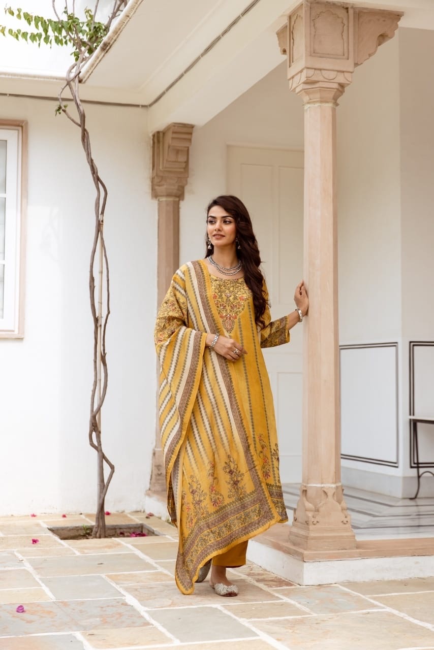 Semi Formal Yellow Kurta Set Paired With Layered Dupatta