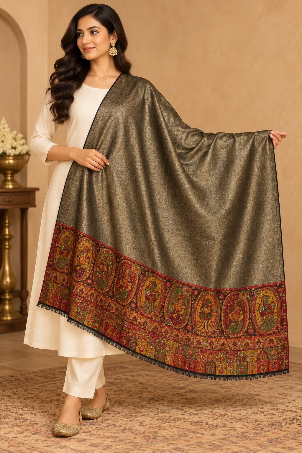 Taupe Shawl with Multicolor Figure Border