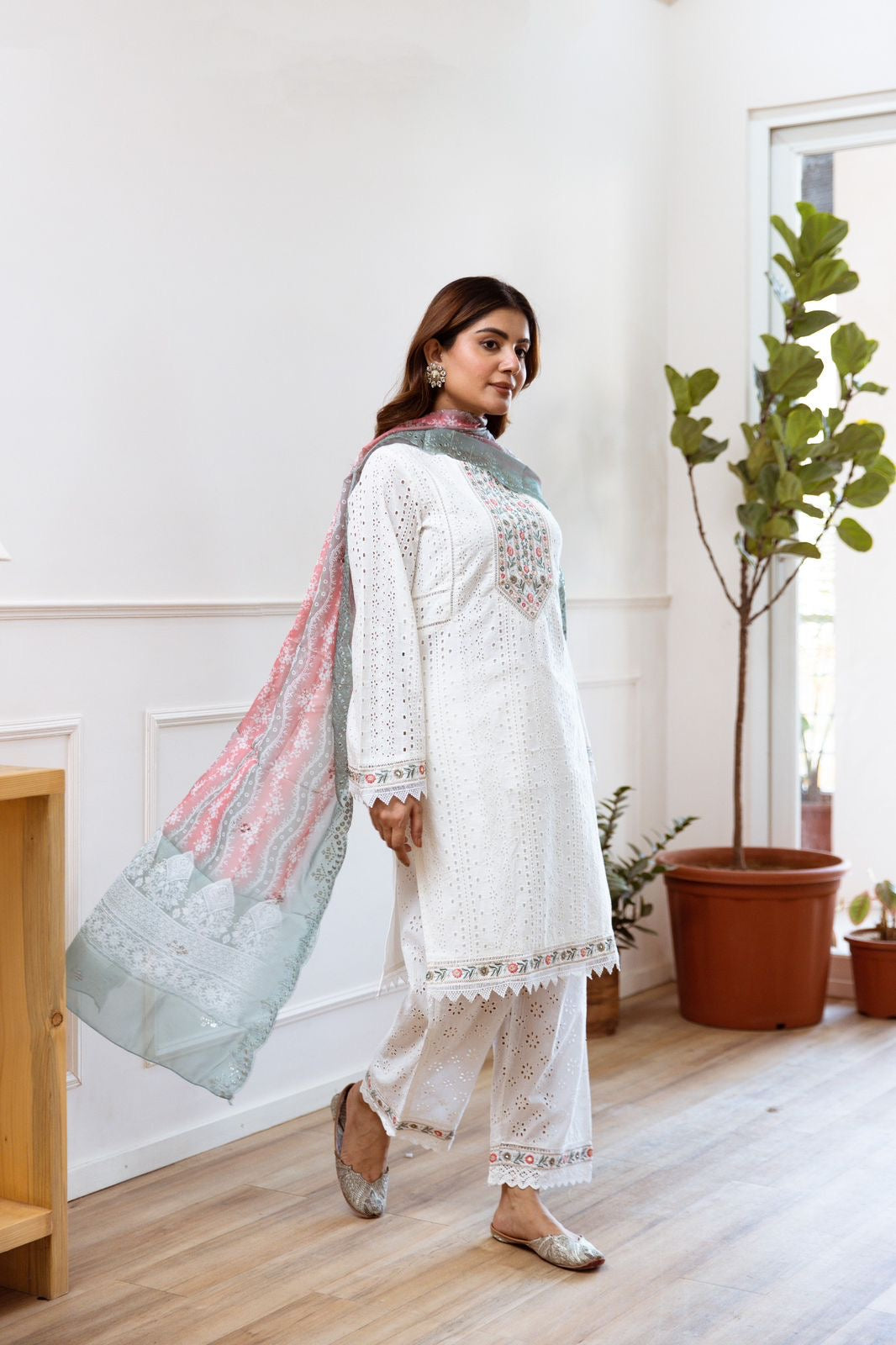 White Kurta Set Paired With Pastel Dupatta