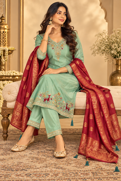 Mint Green Embroidered Suit Set