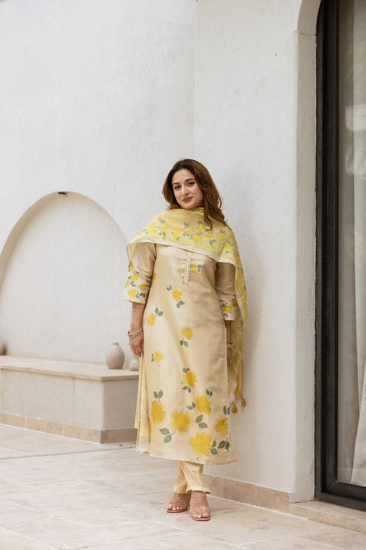 Yellow Floral Kurta Set Paired With Floral Dupatta