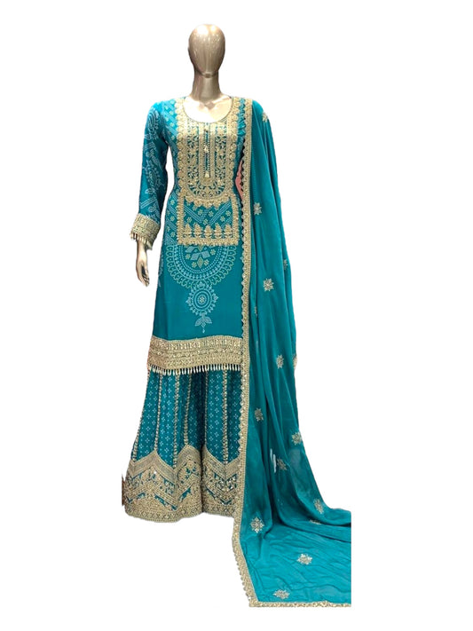 Teal Embroidered Sharara Suit with Dupatta - Traditional Pakistani Formal Wear