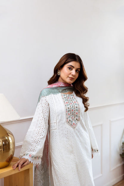 White Kurta Set Paired With Pastel Dupatta