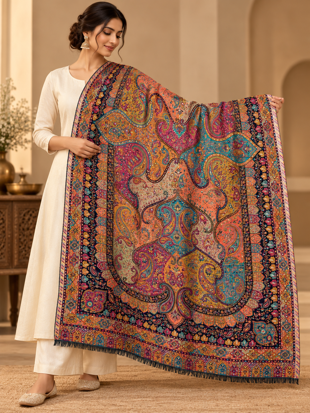 Coral Paisley Shawl with Jewel-Tone Borders
