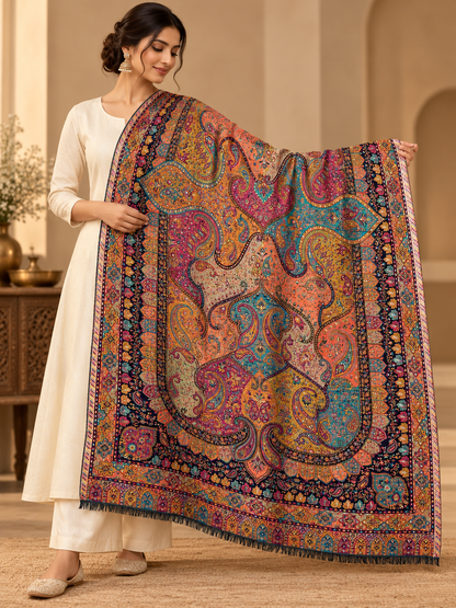 Coral Paisley Shawl with Jewel-Tone Borders