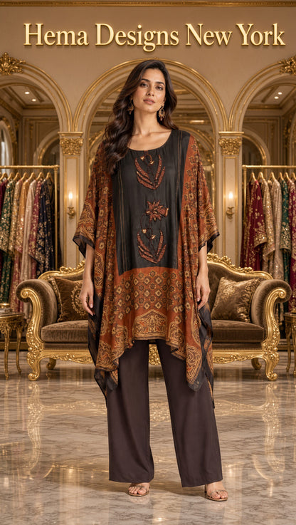 Elegant Black & Rust Asymmetric Kaftan with Palazzo Pants