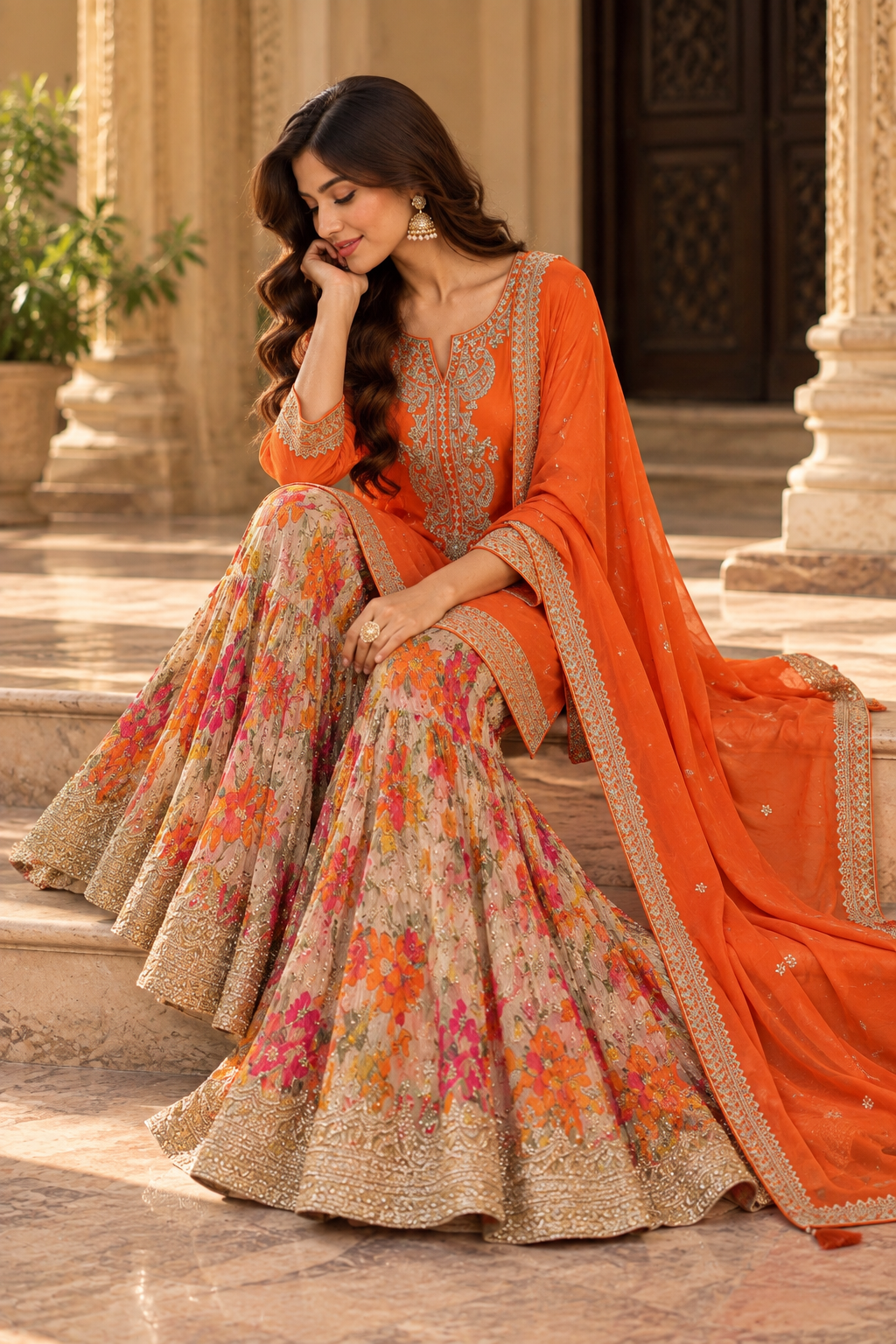 Orange Embroidered Sharara Set