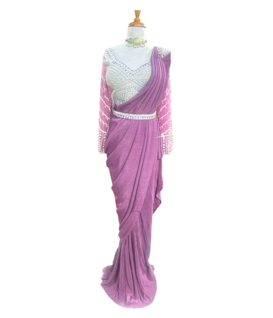 Ready To Wear Pink Saree Paired With Motif Work Blouse & Belt