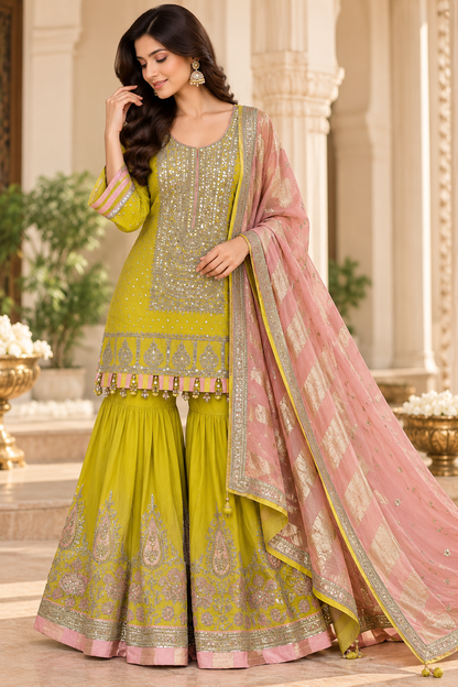 Lime Green Embroidered Sharara Set with Pink Dupatta